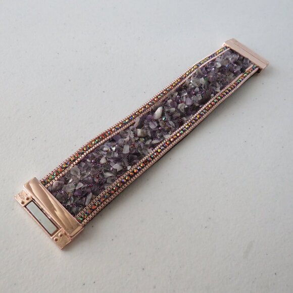 Natural Amethyst Chips Rhinestones Suede Leather Magnetic Clasp Bracelet - Picture 2 of 15